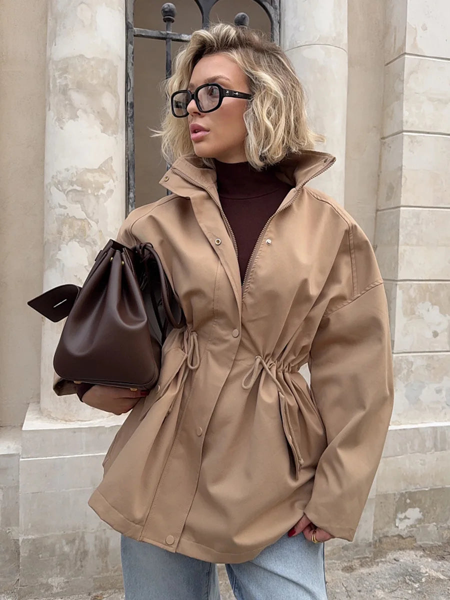 Tossy Stand Collar Lace-Up Trench Jacket Fashion Female Autumn 2025 Commute Long Sleeves Casual Women's High Waist Trench Coat