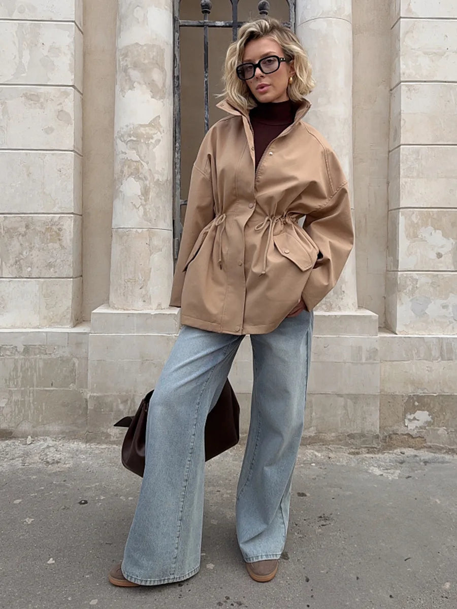 Tossy Stand Collar Lace-Up Trench Jacket Fashion Female Autumn 2025 Commute Long Sleeves Casual Women's High Waist Trench Coat