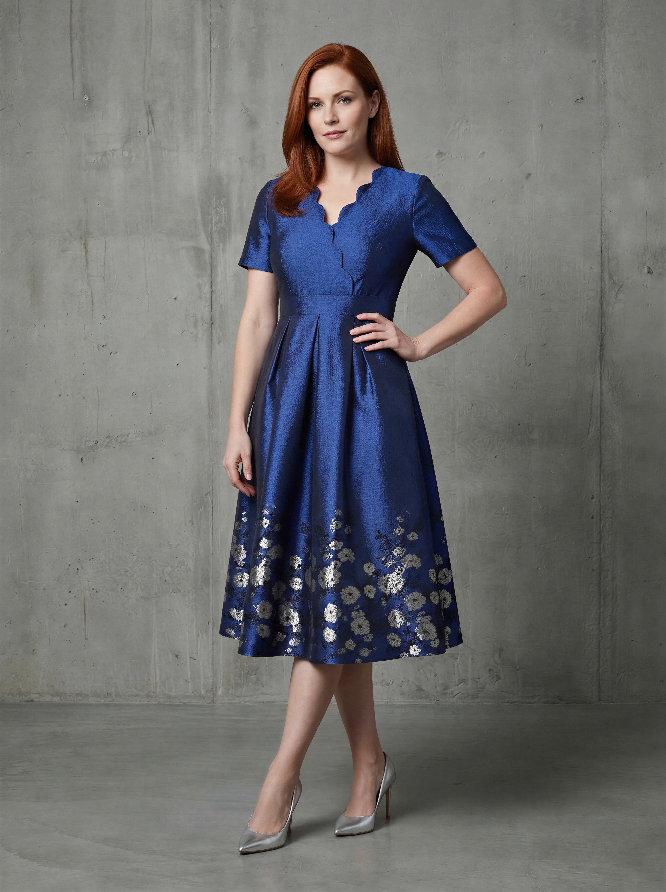Blue short sleeves floral jacquard A-line mom dress